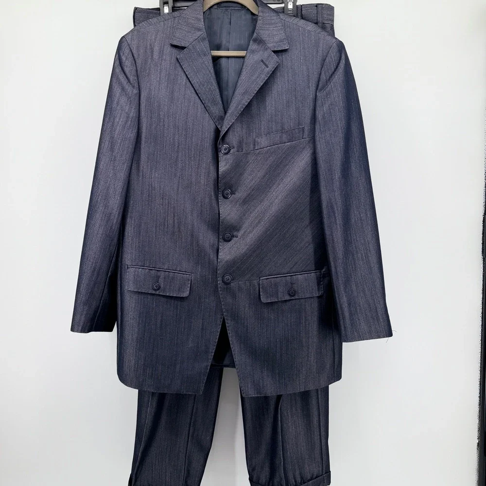 EJ Samuel Mens 2 Piece Suit Navy Blue Metallic Sheen 4 Button Blazer Pleated 42R
